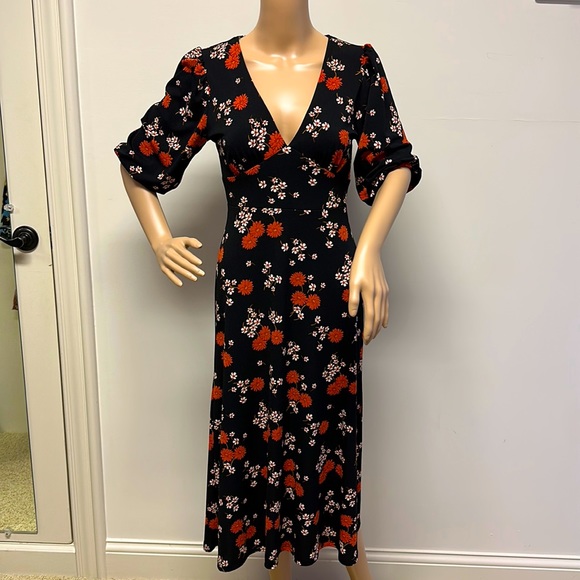 NWOT All in Favor Floral MIDI Dress, black with orange florals - Picture 2 of 16